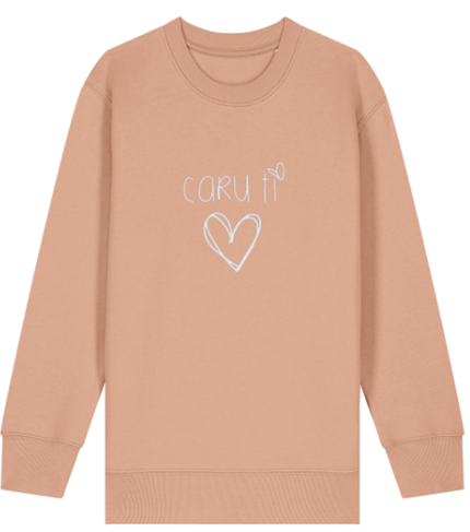 Beige sweatshirt with 'Caru' and a heart design on a white background