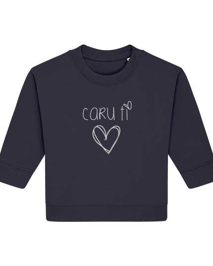A navy blue toddler sweatshirt with the text 'caru ti' embroidered on the front, representing a Welsh expression of 'love you'. There is a heart symbol below the text.
