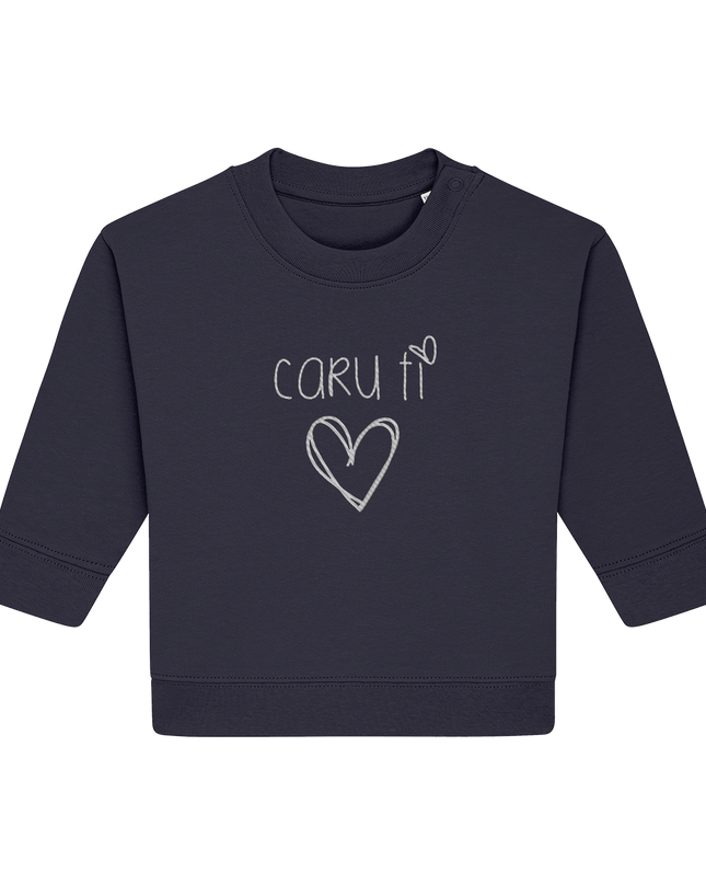 A navy blue toddler sweatshirt with the text 'caru ti' embroidered on the front, representing a Welsh expression of 'love you'. There is a heart symbol below the text.