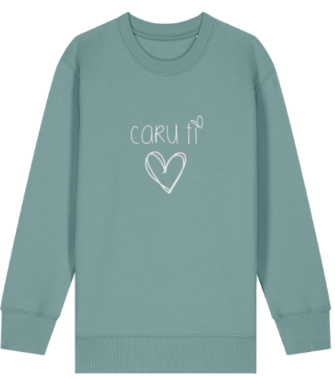 Teal sweatshirt with 'Caru ti' text and heart design on a white background