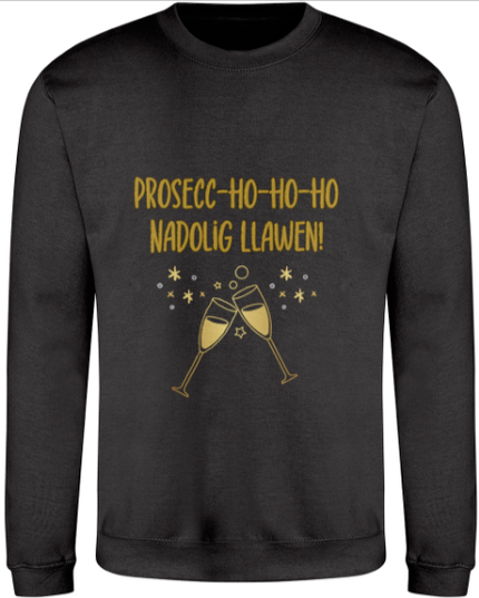 Christmas sweatshirt with the text 'Prosecc-Ho-Ho-Ho' and a graphic of champagne glasses.