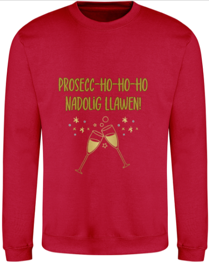 Christmas sweatshirt with the text 'Prosecc-Ho-Ho-Ho' and a graphic of champagne glasses.