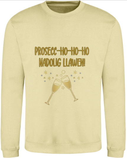 Christmas sweatshirt with the text 'Prosecc-Ho-Ho-Ho' and a graphic of champagne glasses.