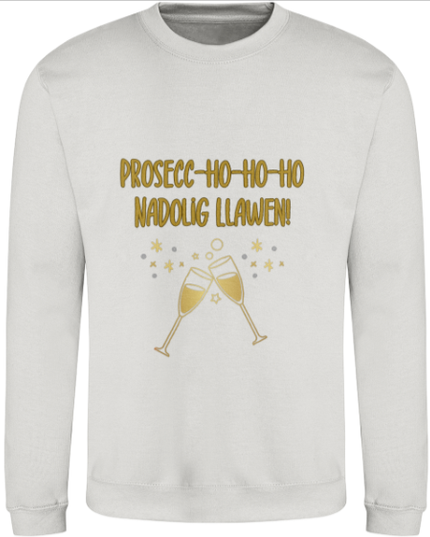 white Christmas sweatshirt with the text 'Prosecc-Ho-Ho-Ho' and a graphic of champagne glasses.