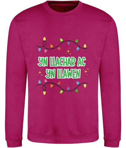 Christmas sweatshirt with the text 'Yn Llachar ac Yn Llawen' 