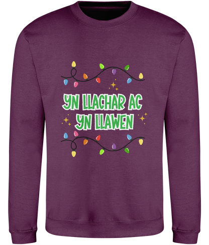 Christmas sweatshirt with the text 'Yn Llachar ac Yn Llawen' 