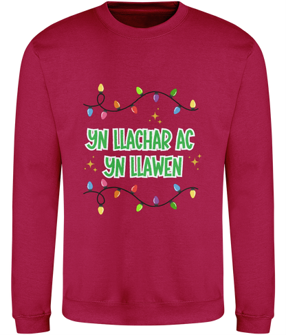 Red Christmas sweatshirt with the text 'Yn Llachar ac Yn Llawen' 