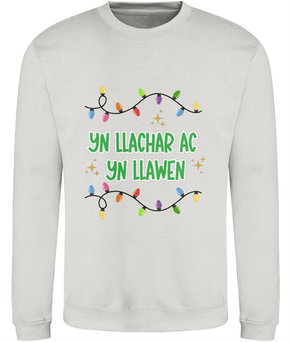 Christmas sweatshirt with the text 'Yn Llachar ac Yn Llawen' 