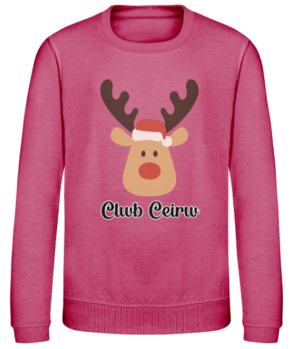 Red Christmas sweatshirt with 'Club Ceirw' text and a reindeer graphic