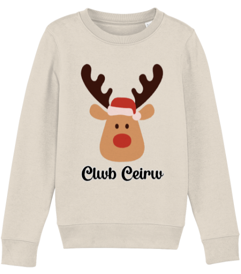 A white Christmas sweatshirt with 'Club Ceirw' text and a reindeer graphic.