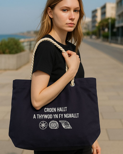 Woman holding a navy blue tote bag with text and symbols outdoors.