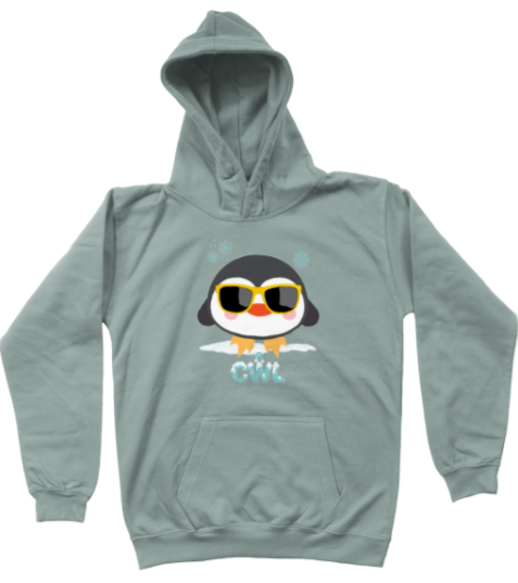 Dusty Green hoodie with a penguin graphic and 'CWL' text on a white background