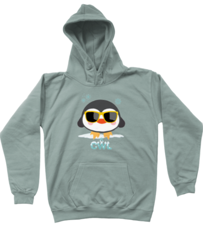Dusty Green hoodie with a penguin graphic and 'CWL' text on a white background