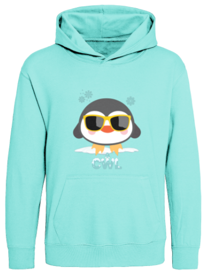 Light blue hoodie with a penguin graphic wearing sunglasses on a white background
