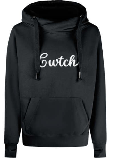 Black hoodie with 'Cwtch' text on a white background