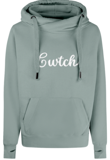 Green hoodie with 'Cwtch' text on a white background