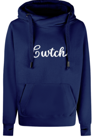 Navy blue hoodie with 'Cwtch' text on a white background