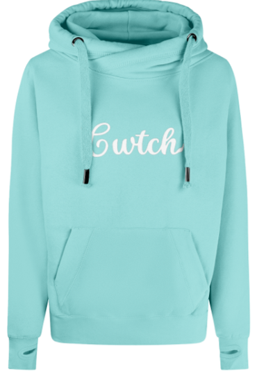 Light green hoodie with 'Cwtch' text on a white background
