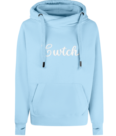 A light blue hoodie with a cross-neck design and the word 'Cwtch' embroidered in a cursive script on the front.