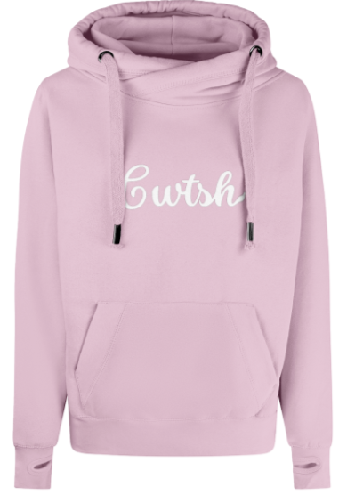 Pink hoodie with 'Cwtsh' text on a white background