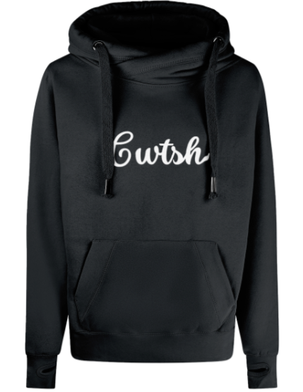 Black hoodie with white text on a white background