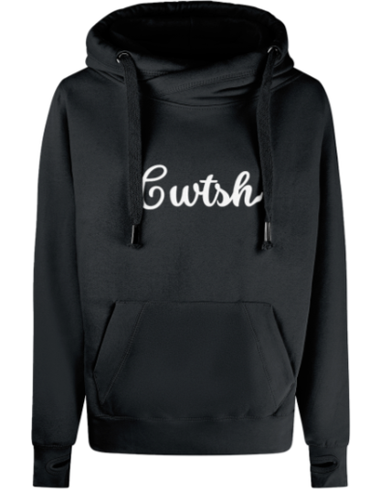 Black hoodie with white text on a white background