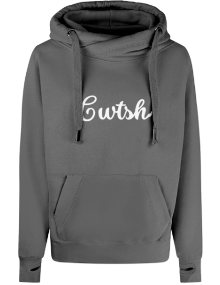 Gray hoodie with 'Cwtsh' text on a white background