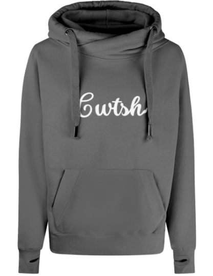 Gray hoodie with 'Cwtsh' text on a white background