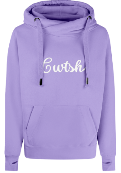 Purple hoodie with 'Cwtsh' text on a white background