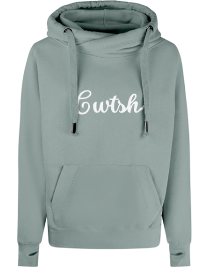Green hoodie with 'Cwtsh' text on a white background