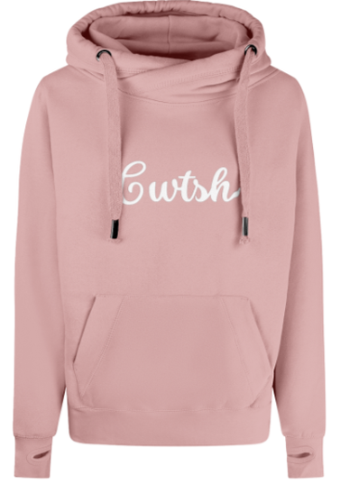 Dusty pink hoodie with 'Cwtsh' text on a white background