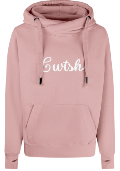 Dusty pink hoodie with 'Cwtsh' text on a white background