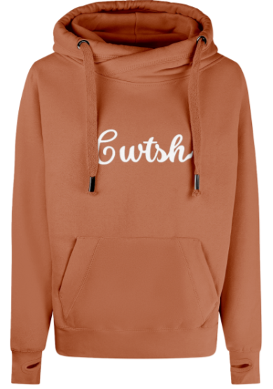 Burnt orange hoodie with 'Cwtsh' text on a white background