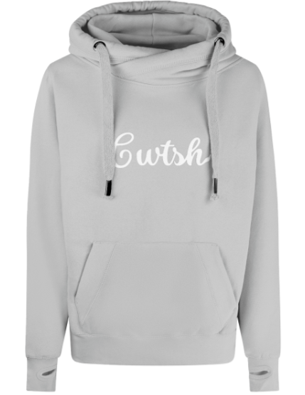 Gray hoodie with 'Cwtch' text on a white background