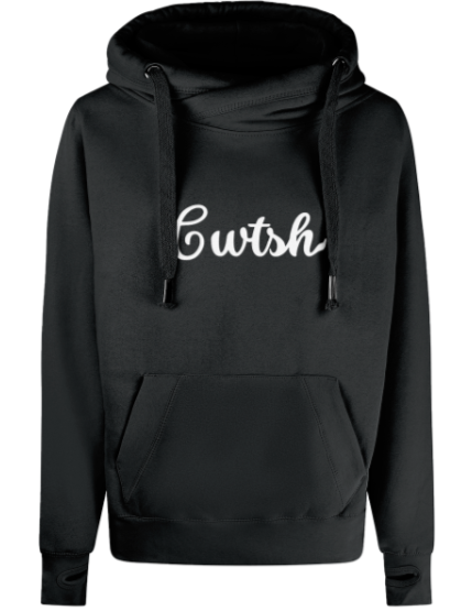 Black hoodie with white text on a white background