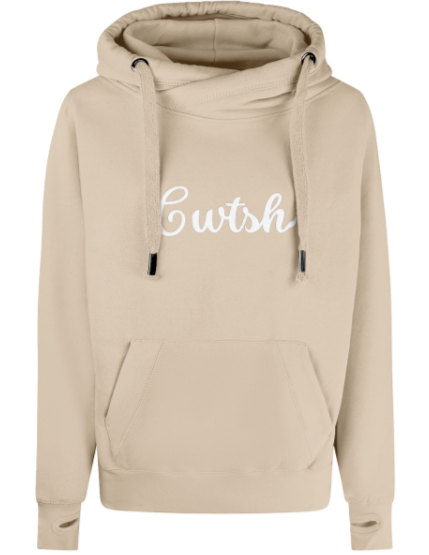 Beige hoodie with 'Cwtsh' text on a white background