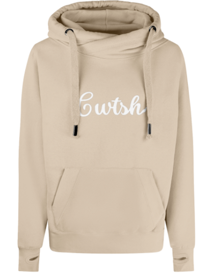Beige hoodie with 'Cwtsh' text on a white background