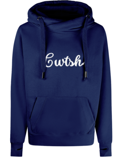Navy blue hoodie with white text on a white background