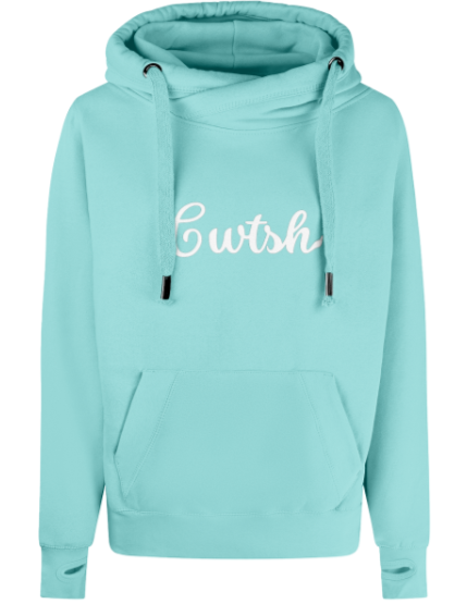 Light green hoodie with 'Cwtsh' text on a white background