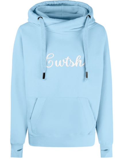 Light blue hoodie with 'Cwtsh' text on a white background