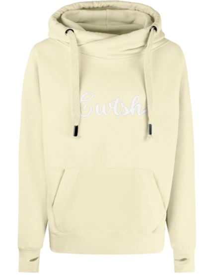 Beige hoodie with 'Cwtch' text on a white background