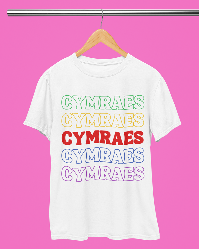 Cymraes rainbow repeat t-shirt on a hanger