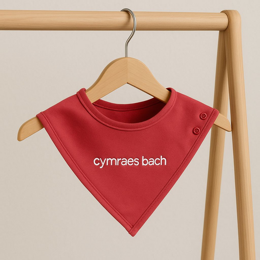 A red baby bib with 'cymraes bach' embroidered in white text, displayed on a wooden hanger.