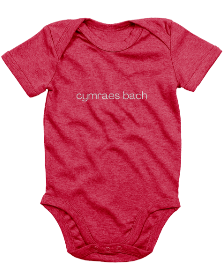 Red short-sleeved babygrow with the text 'cymraes bach' embroidered on the chest.