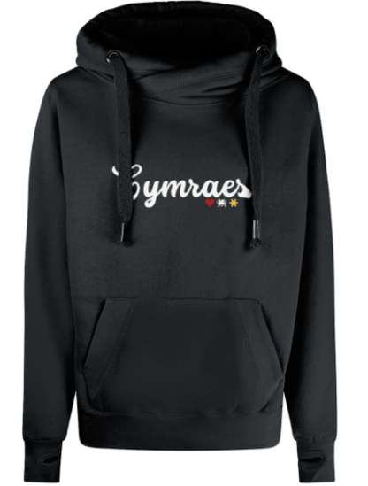 Black hoodie with 'Cymraes' text on a white background