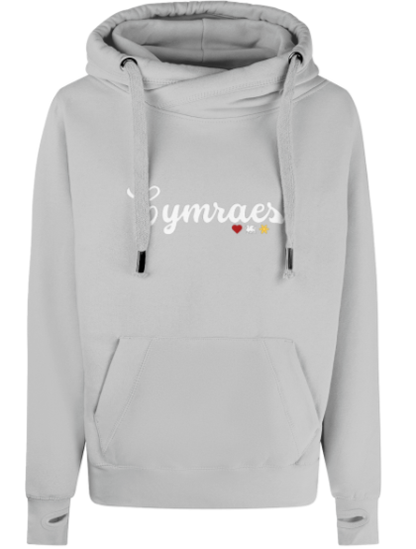 Gray hoodie with 'Gymraes' text and heart designs on a white background