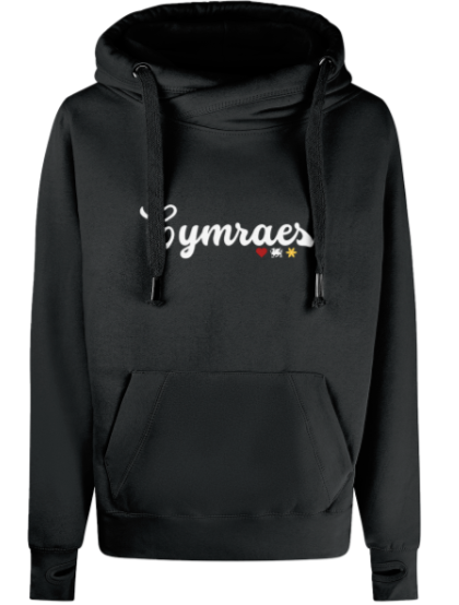 Black hoodie with 'Cymraes' text on a white background