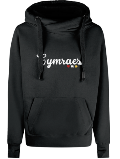 Black hoodie with 'Cymraes' text on a white background