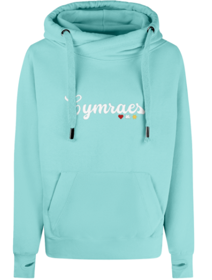 Light green hoodie with 'Cymraes' text on a white background
