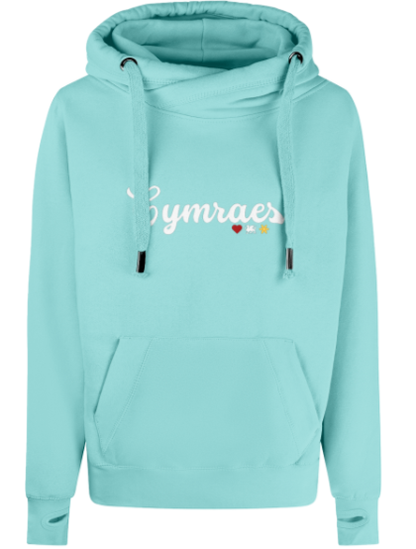Light green hoodie with 'Cymraes' text on a white background